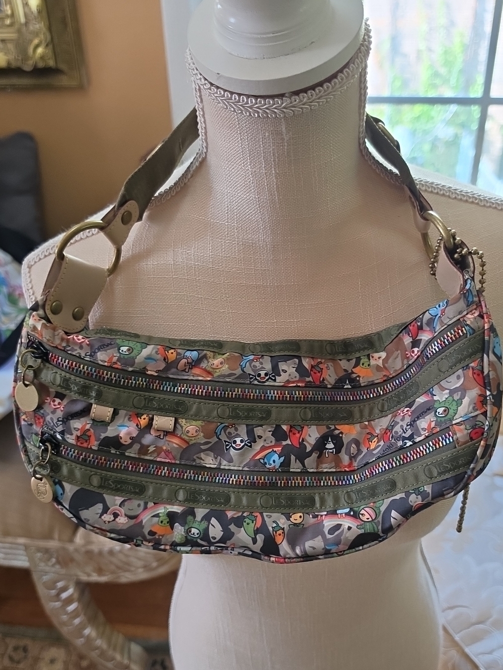 LeSportsac Olive and Pink Patterned Multi-Zip Shoulder Bag